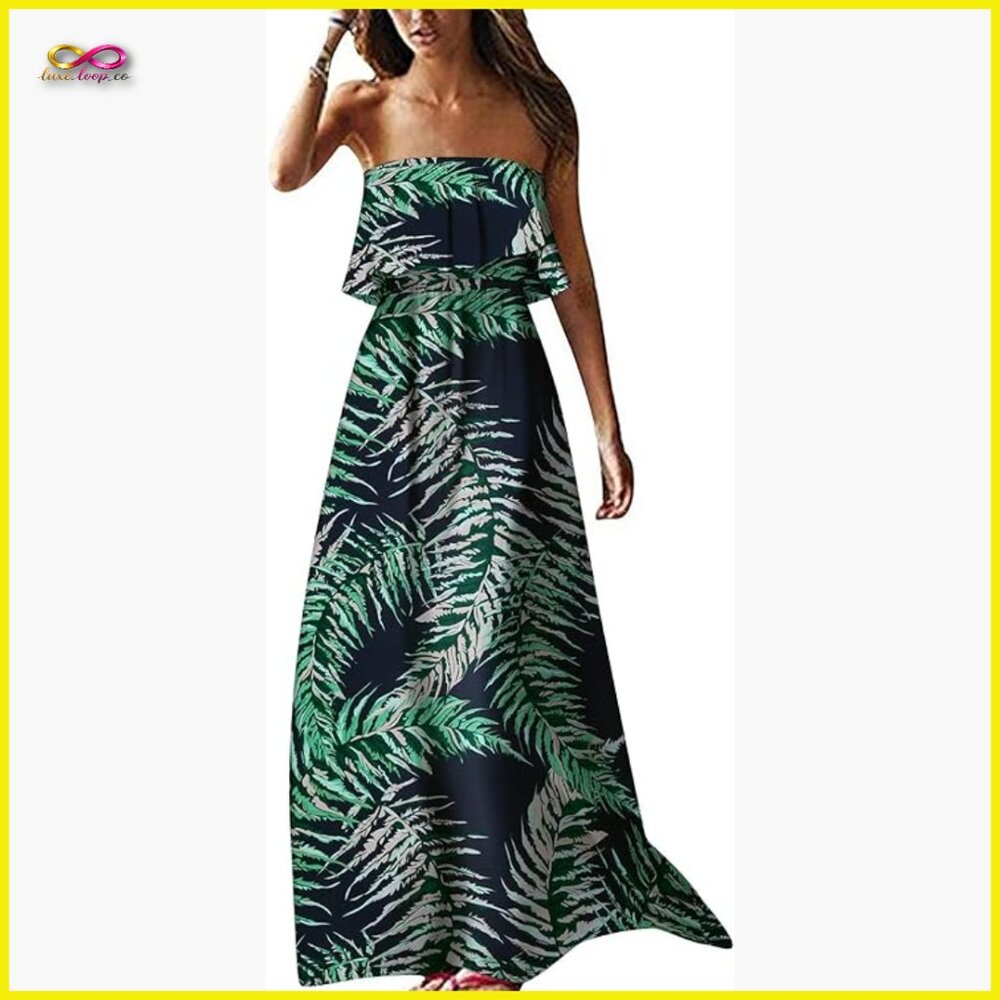 Boho Maxi Dress Strapless Ruffle Off Shoulder Flowy Summer Casual Chic